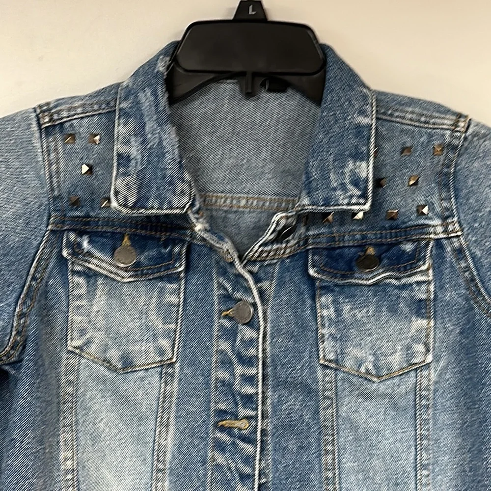 Super Cute Art class studded denim jacket, L (10/12) intentionally Distressed